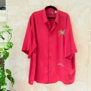 Bamboo Cay Coral Red Palm Tree Embroidered Camp Shirt Short Sleeve 3XL